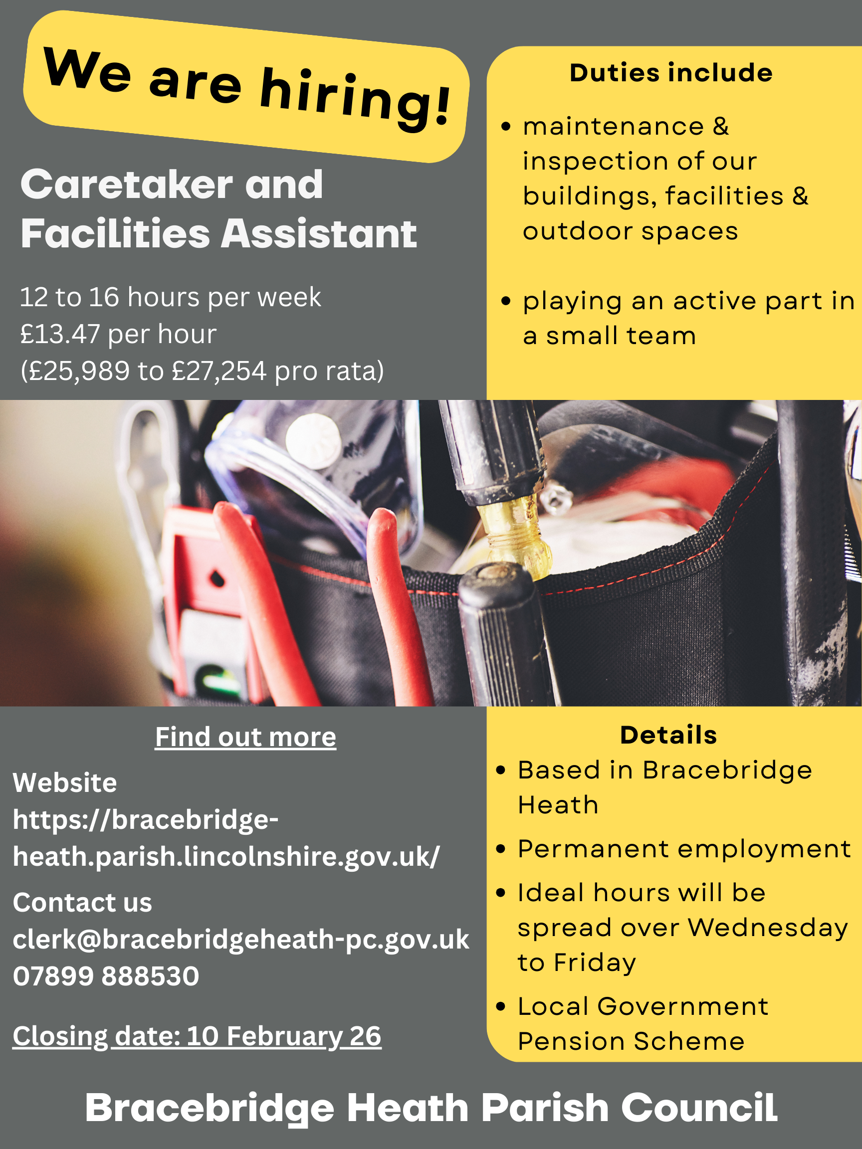 Poster giving details of the caretaker and facilities assistant position at Bracebridge Heath Parish Council