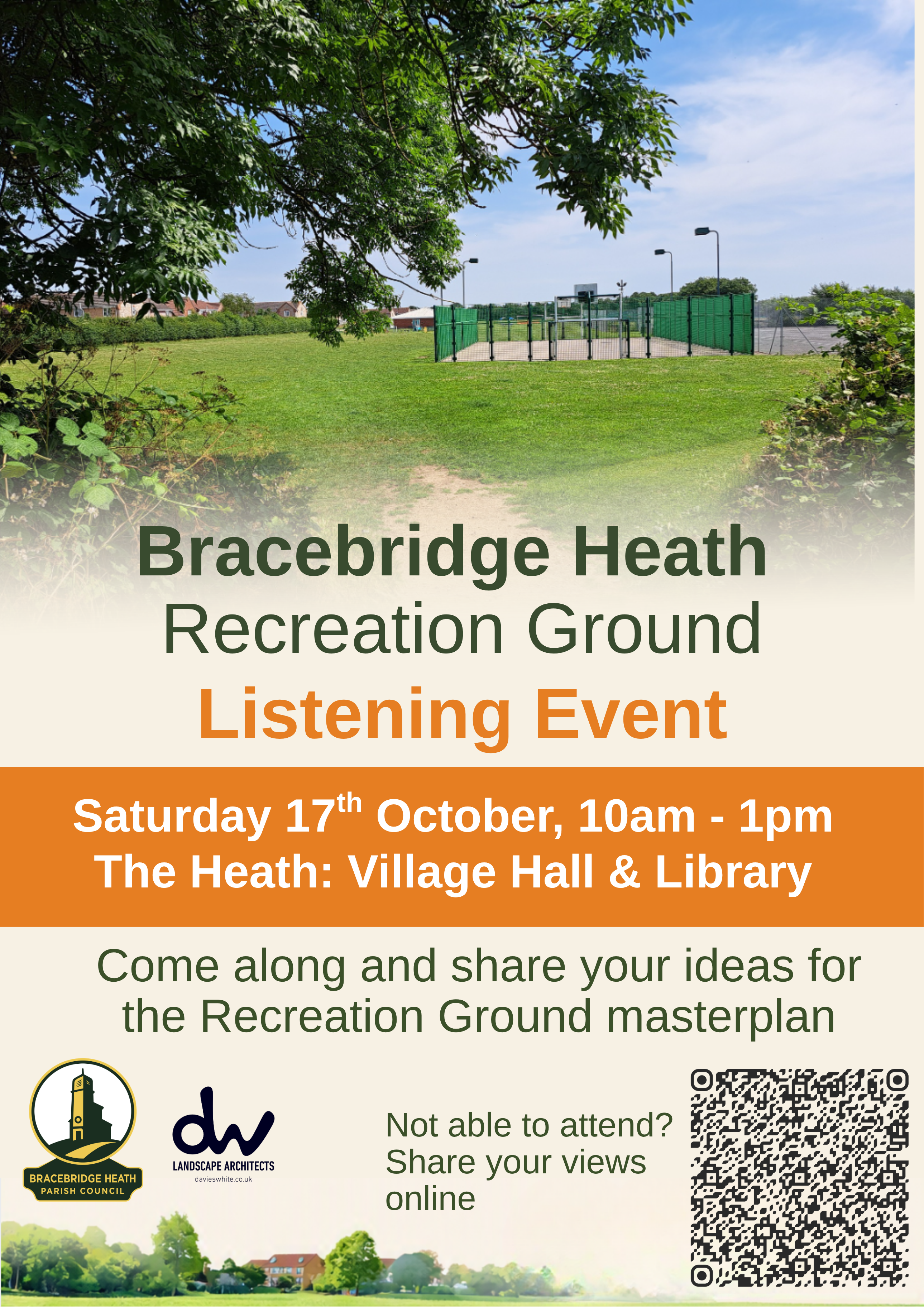 Poster for the listening event - 17th October 2026. 10am to 1pm at The Heath: Village Hall &amp; Library. Photo of recreation ground